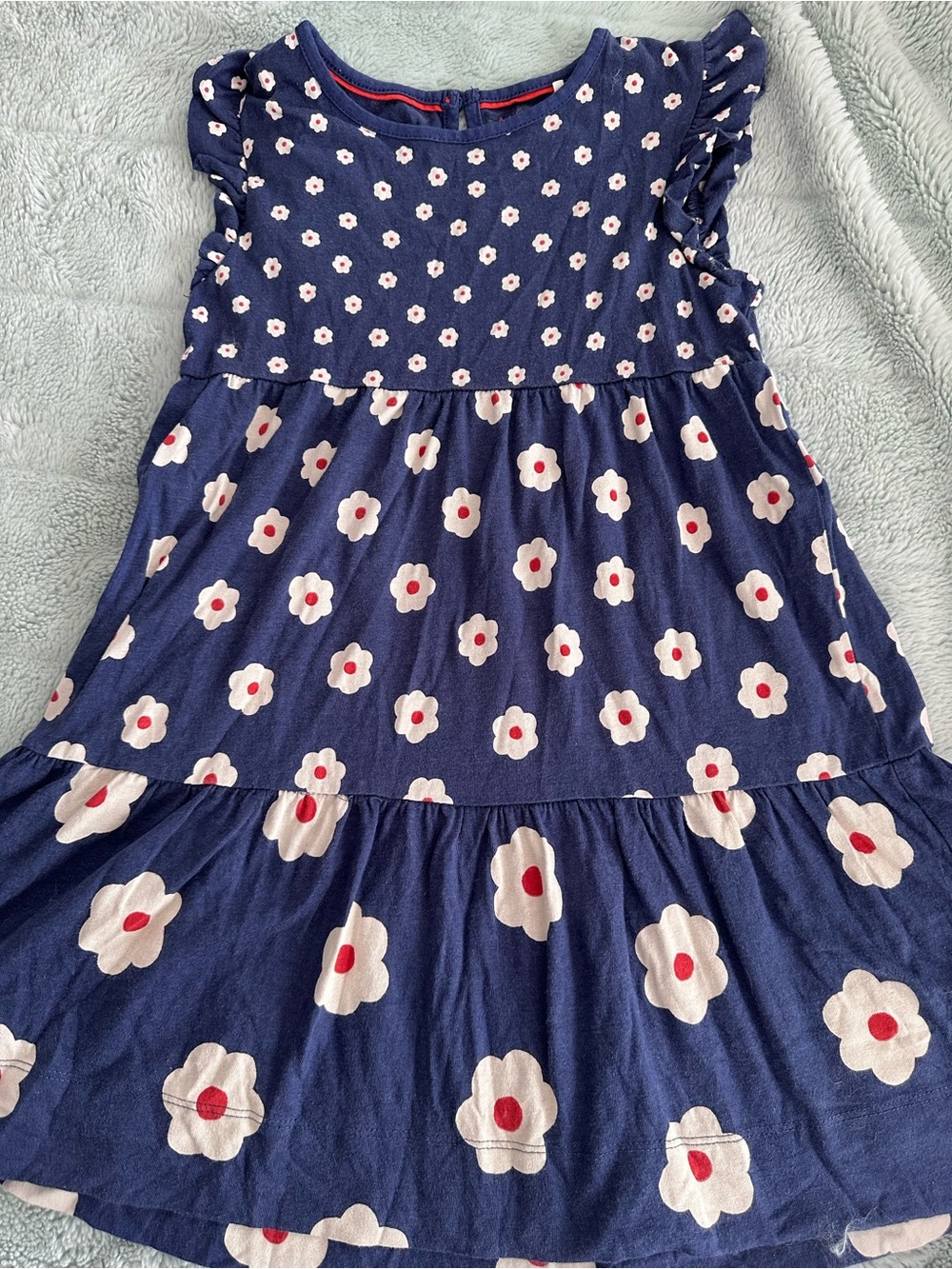 Mini Boden Navy Floral Tiered Dress with White and Red Flowers